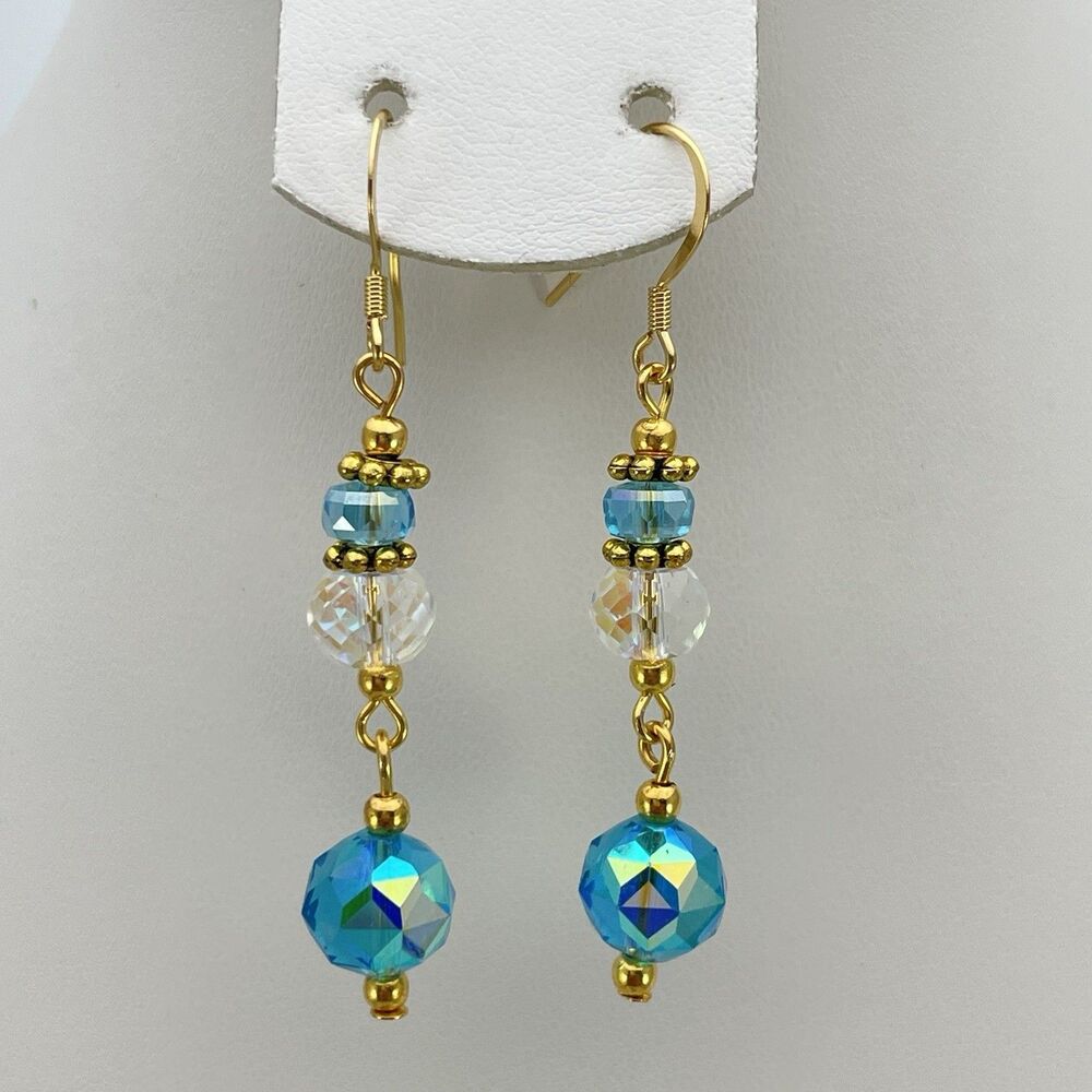 18K Gold Plated White AB Blue Glass Dangle Earrings Stunning Unique Cute